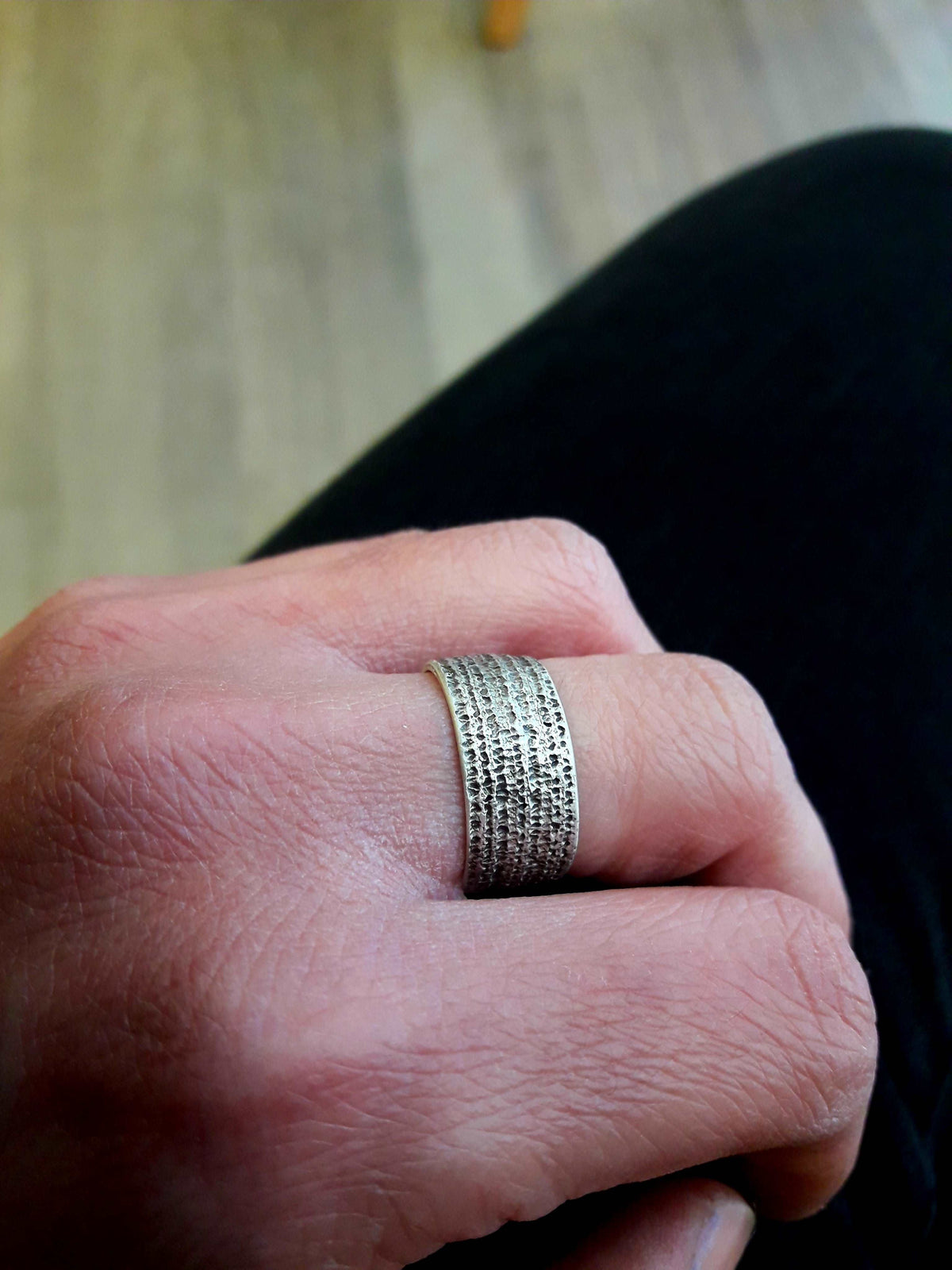 Jeans texture sterling  silver ring, unisex