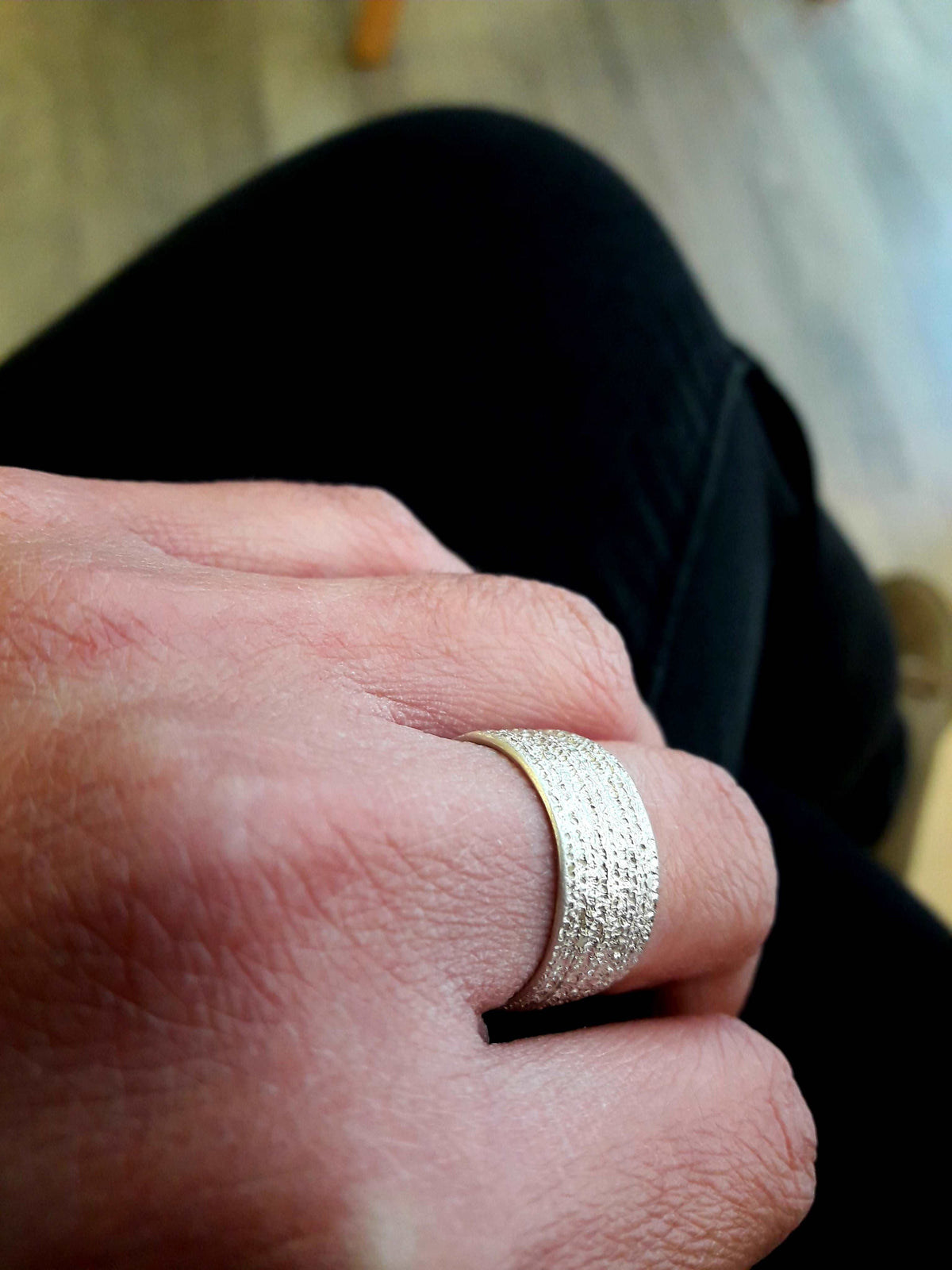 Jeans texture sterling  silver ring, unisex